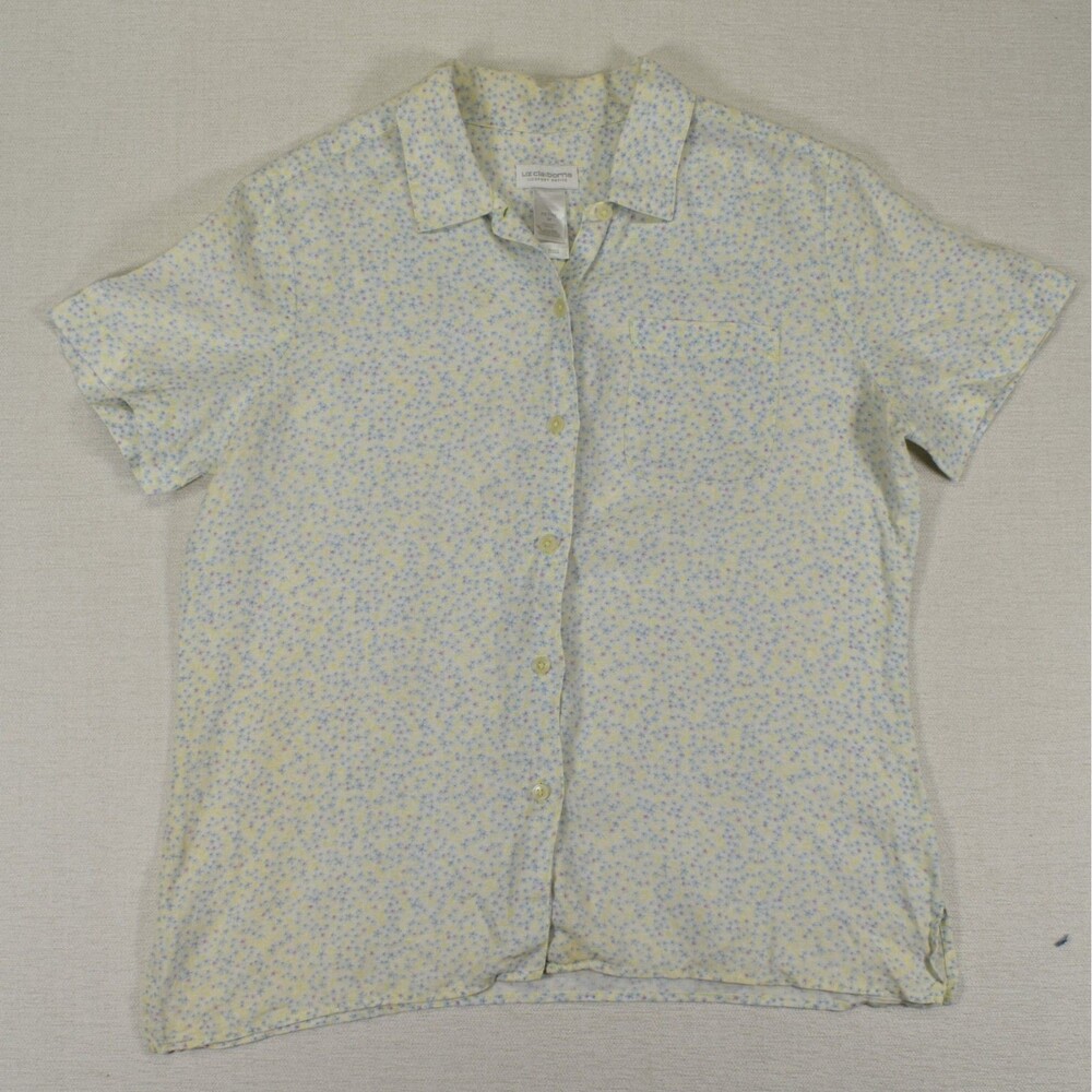 Vintage Liz Claiborne Lizsport Medium Petite Linen Shirt Floral Yellow Blue 90s - Picture 2 of 7